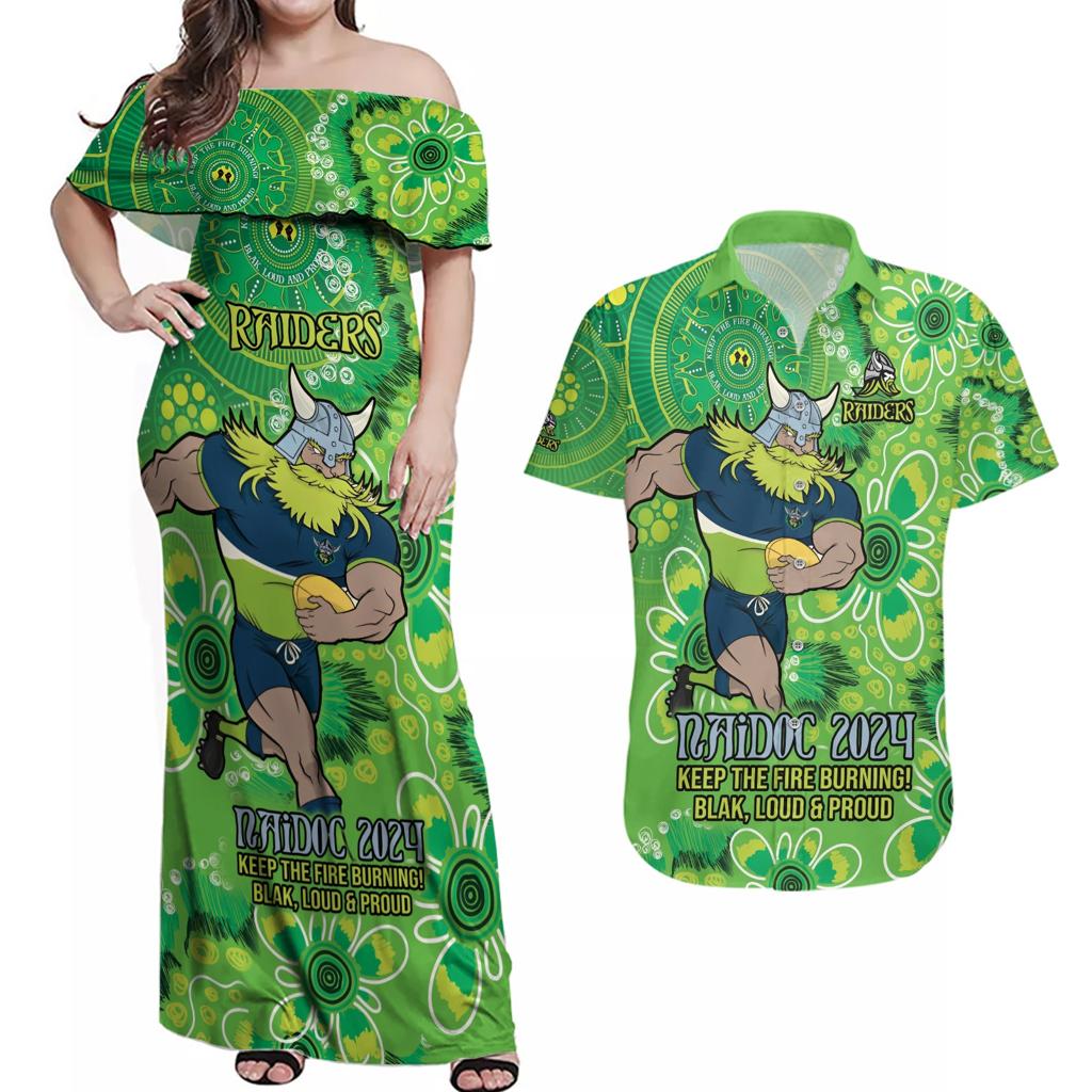 Personalised Raiders NAIDOC Week 2024 Couples Matching Off Shoulder Maxi Dress and Hawaiian Shirt Aboriginal Fire Burning Sparks