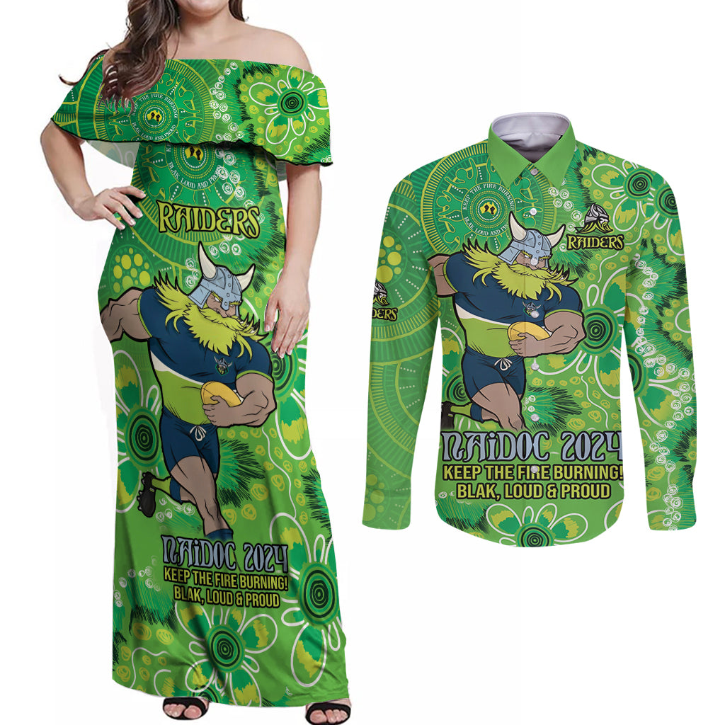 Personalised Raiders NAIDOC Week 2024 Couples Matching Off Shoulder Maxi Dress and Long Sleeve Button Shirt Aboriginal Fire Burning Sparks
