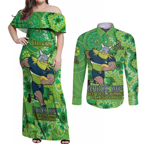 Personalised Raiders NAIDOC Week 2024 Couples Matching Off Shoulder Maxi Dress and Long Sleeve Button Shirt Aboriginal Fire Burning Sparks