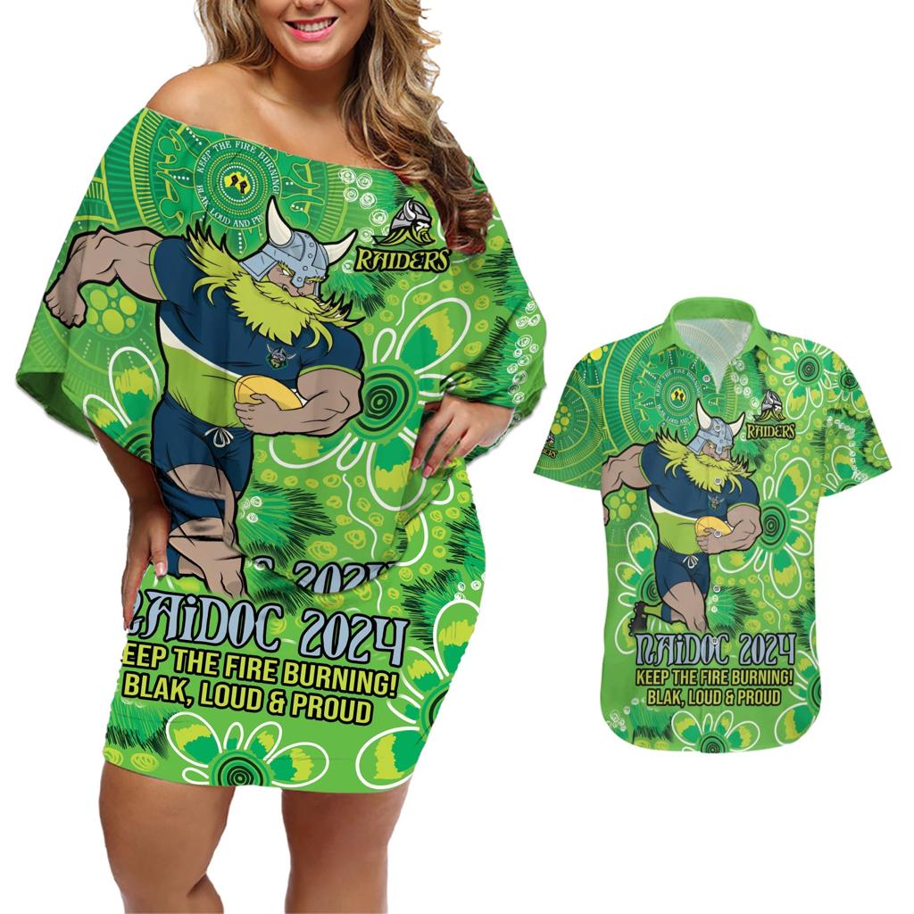 Personalised Raiders NAIDOC Week 2024 Couples Matching Off Shoulder Short Dress and Hawaiian Shirt Aboriginal Fire Burning Sparks