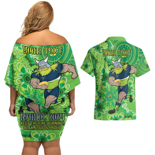 Personalised Raiders NAIDOC Week 2024 Couples Matching Off Shoulder Short Dress and Hawaiian Shirt Aboriginal Fire Burning Sparks