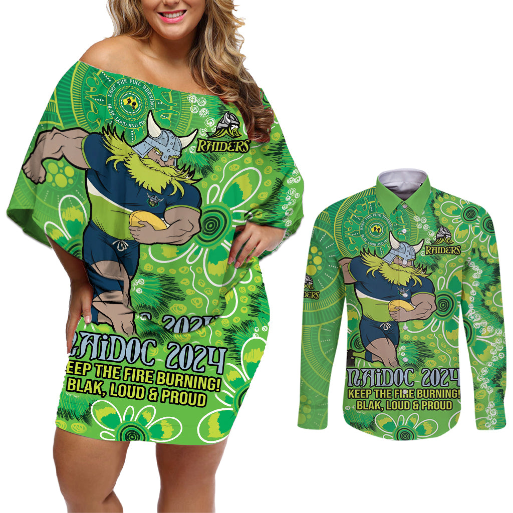 Personalised Raiders NAIDOC Week 2024 Couples Matching Off Shoulder Short Dress and Long Sleeve Button Shirt Aboriginal Fire Burning Sparks