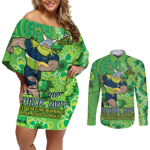 Personalised Raiders NAIDOC Week 2024 Couples Matching Off Shoulder Short Dress and Long Sleeve Button Shirt Aboriginal Fire Burning Sparks