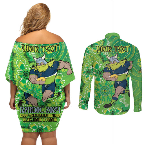 Personalised Raiders NAIDOC Week 2024 Couples Matching Off Shoulder Short Dress and Long Sleeve Button Shirt Aboriginal Fire Burning Sparks