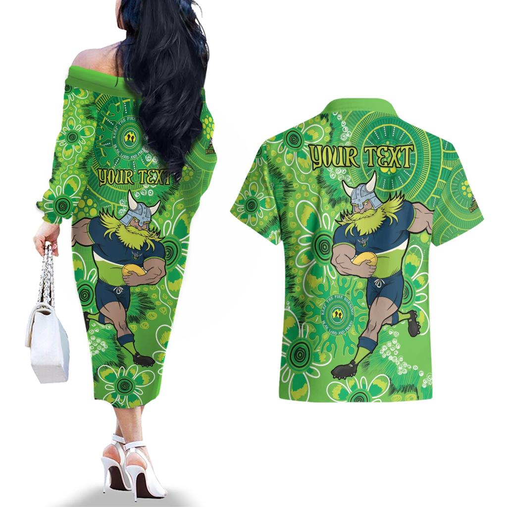 Personalised Raiders NAIDOC Week 2024 Couples Matching Off The Shoulder Long Sleeve Dress and Hawaiian Shirt Aboriginal Fire Burning Sparks