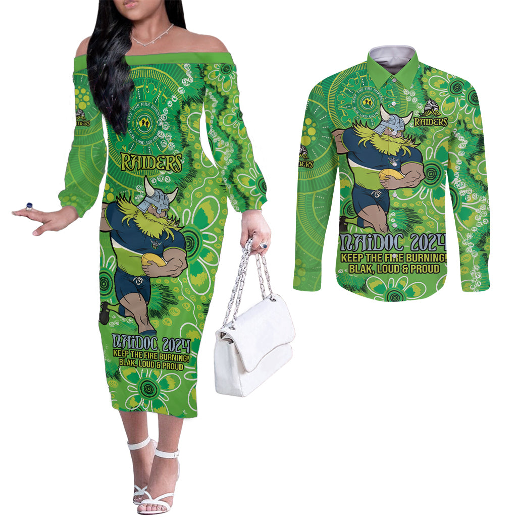 Personalised Raiders NAIDOC Week 2024 Couples Matching Off The Shoulder Long Sleeve Dress and Long Sleeve Button Shirt Aboriginal Fire Burning Sparks