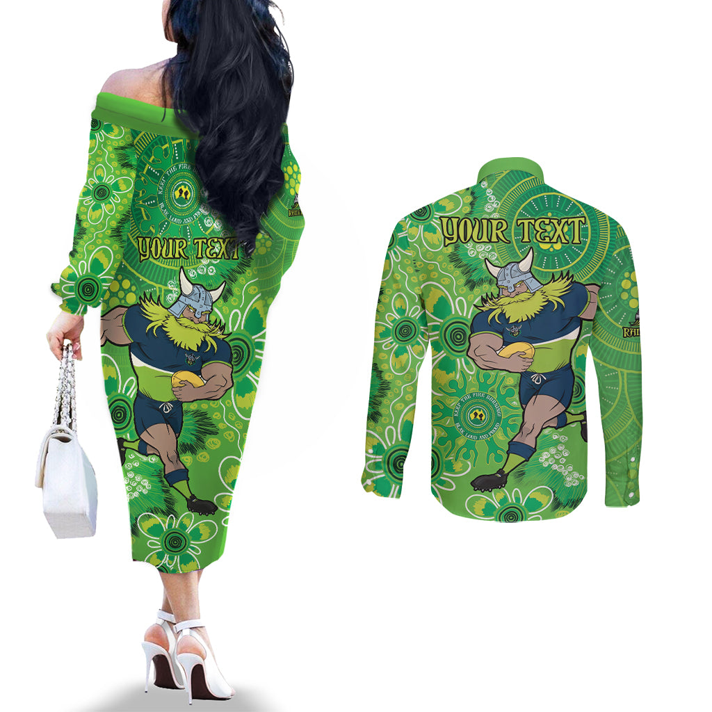 Personalised Raiders NAIDOC Week 2024 Couples Matching Off The Shoulder Long Sleeve Dress and Long Sleeve Button Shirt Aboriginal Fire Burning Sparks