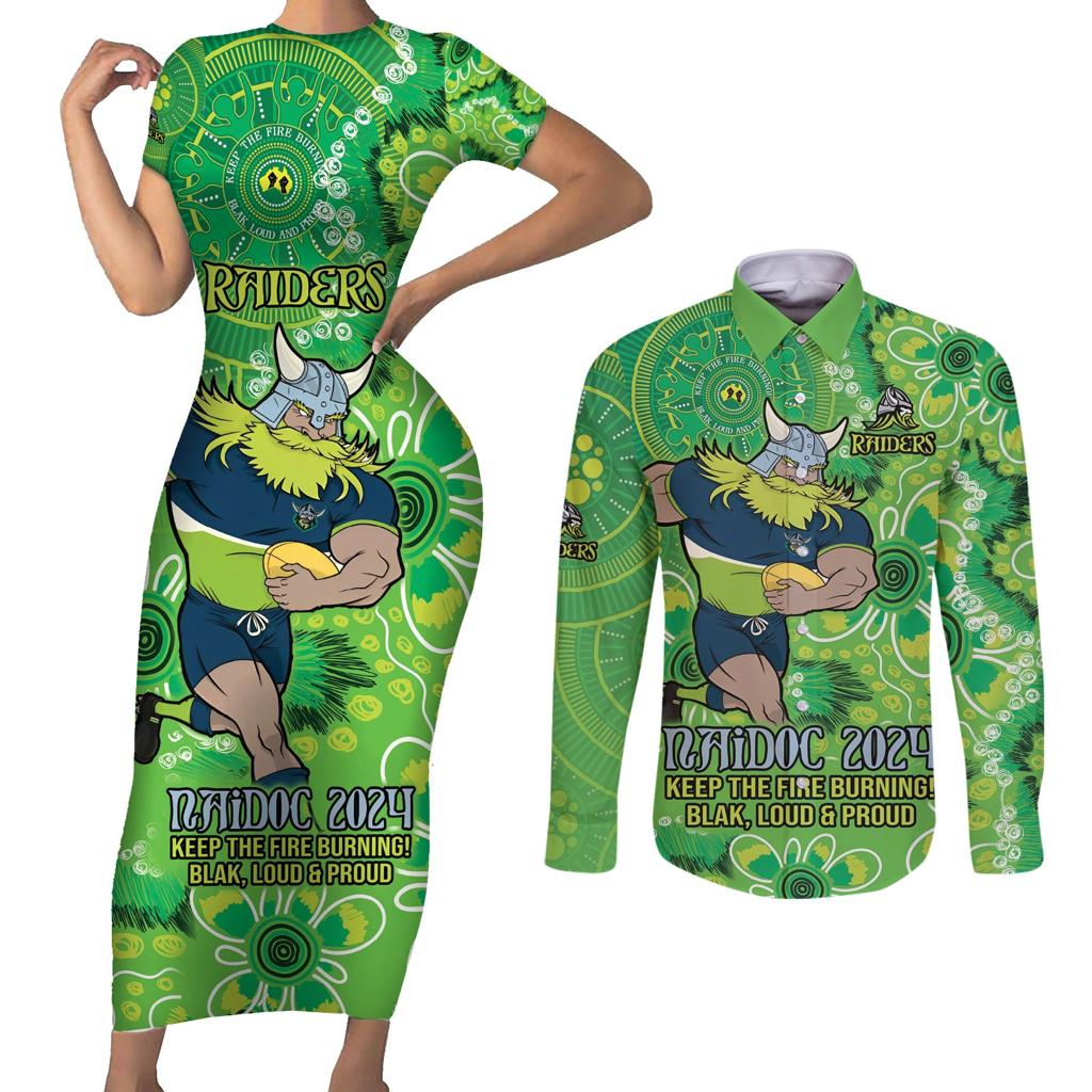Personalised Raiders NAIDOC Week 2024 Couples Matching Short Sleeve Bodycon Dress and Long Sleeve Button Shirt Aboriginal Fire Burning Sparks