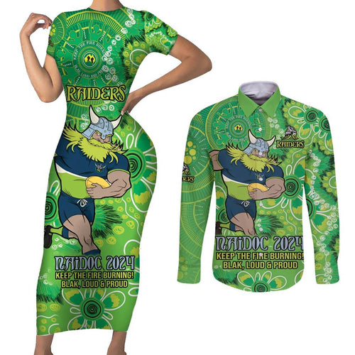 Personalised Raiders NAIDOC Week 2024 Couples Matching Short Sleeve Bodycon Dress and Long Sleeve Button Shirt Aboriginal Fire Burning Sparks