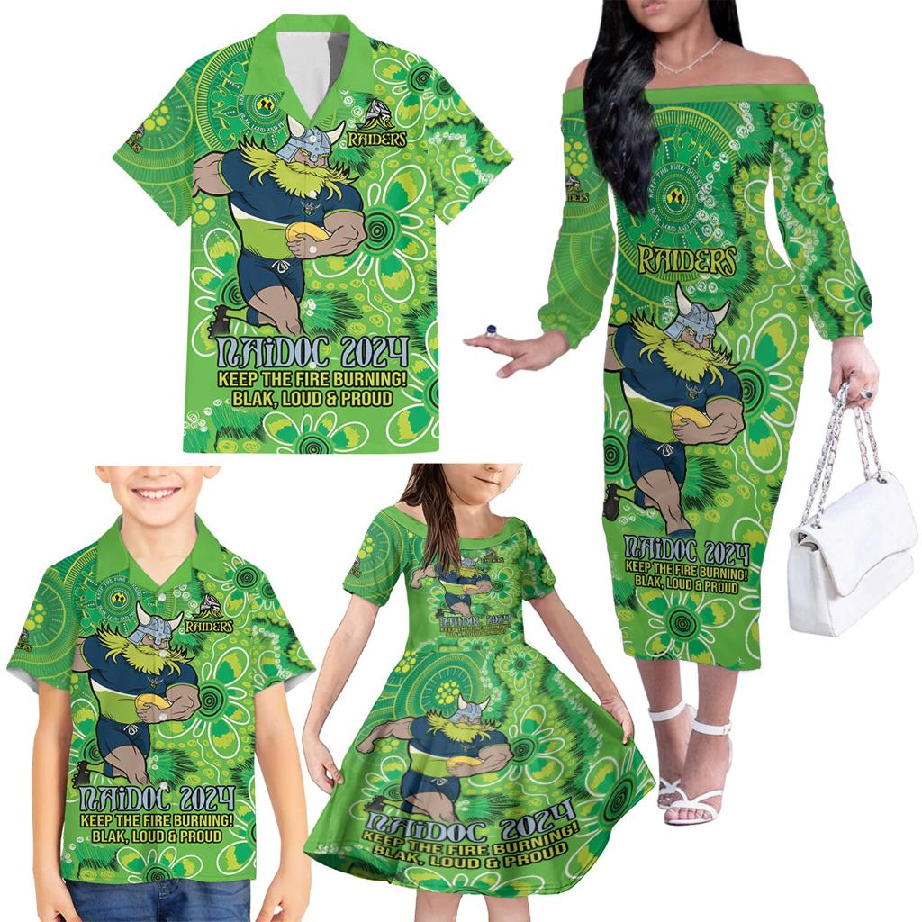 Personalised Raiders NAIDOC Week 2024 Family Matching Off The Shoulder Long Sleeve Dress and Hawaiian Shirt Aboriginal Fire Burning Sparks