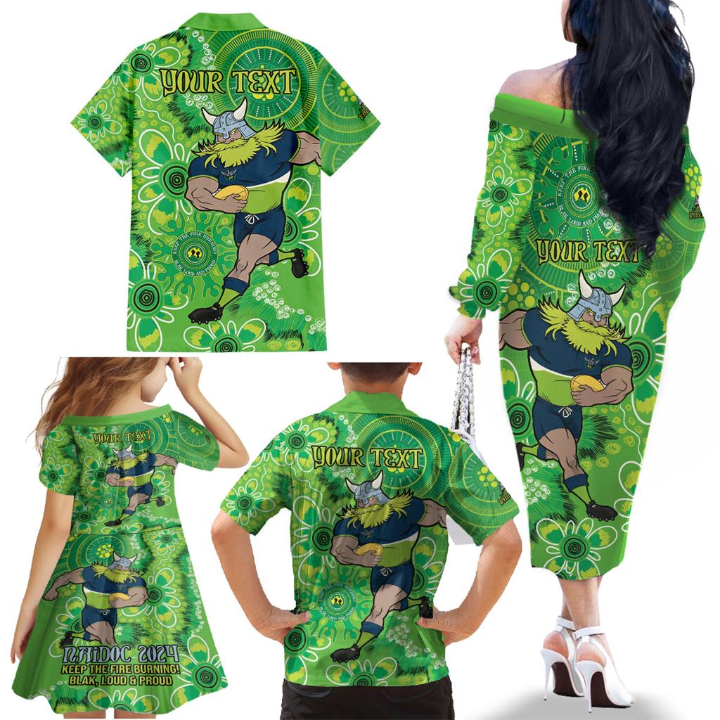 Personalised Raiders NAIDOC Week 2024 Family Matching Off The Shoulder Long Sleeve Dress and Hawaiian Shirt Aboriginal Fire Burning Sparks