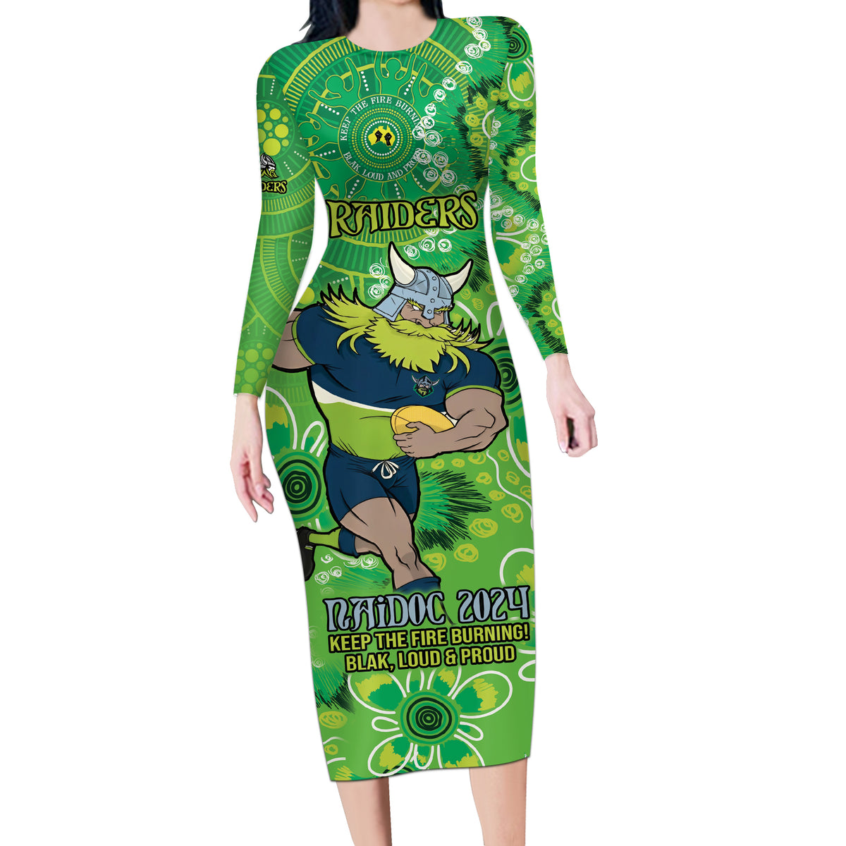 Personalised Raiders NAIDOC Week 2024 Long Sleeve Bodycon Dress Aboriginal Fire Burning Sparks