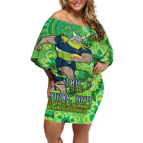 Personalised Raiders NAIDOC Week 2024 Off Shoulder Short Dress Aboriginal Fire Burning Sparks