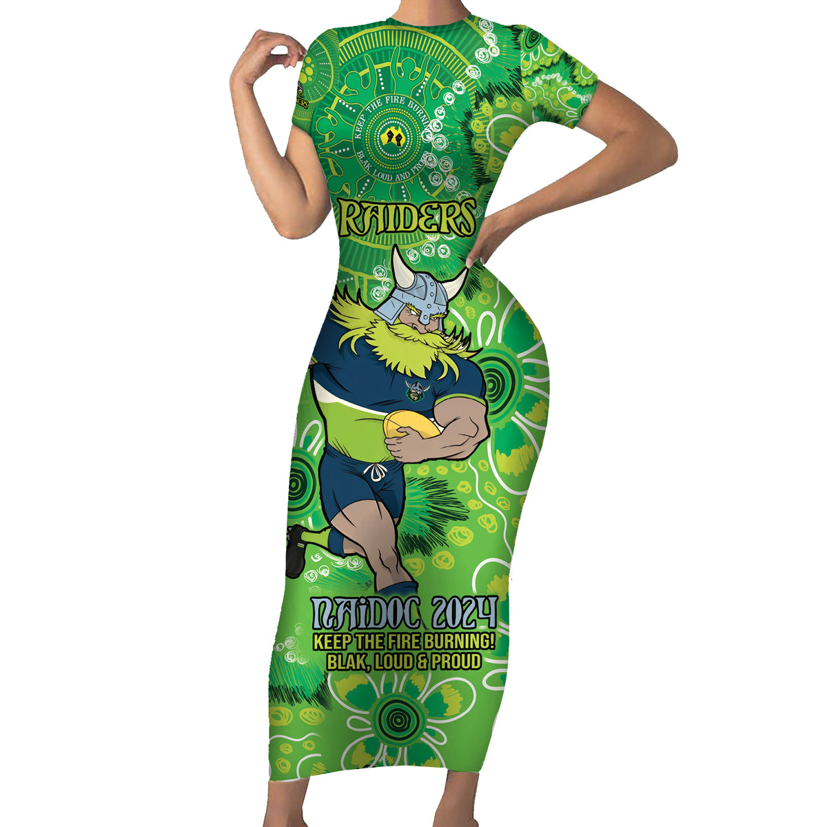 Personalised Raiders NAIDOC Week 2024 Short Sleeve Bodycon Dress Aboriginal Fire Burning Sparks