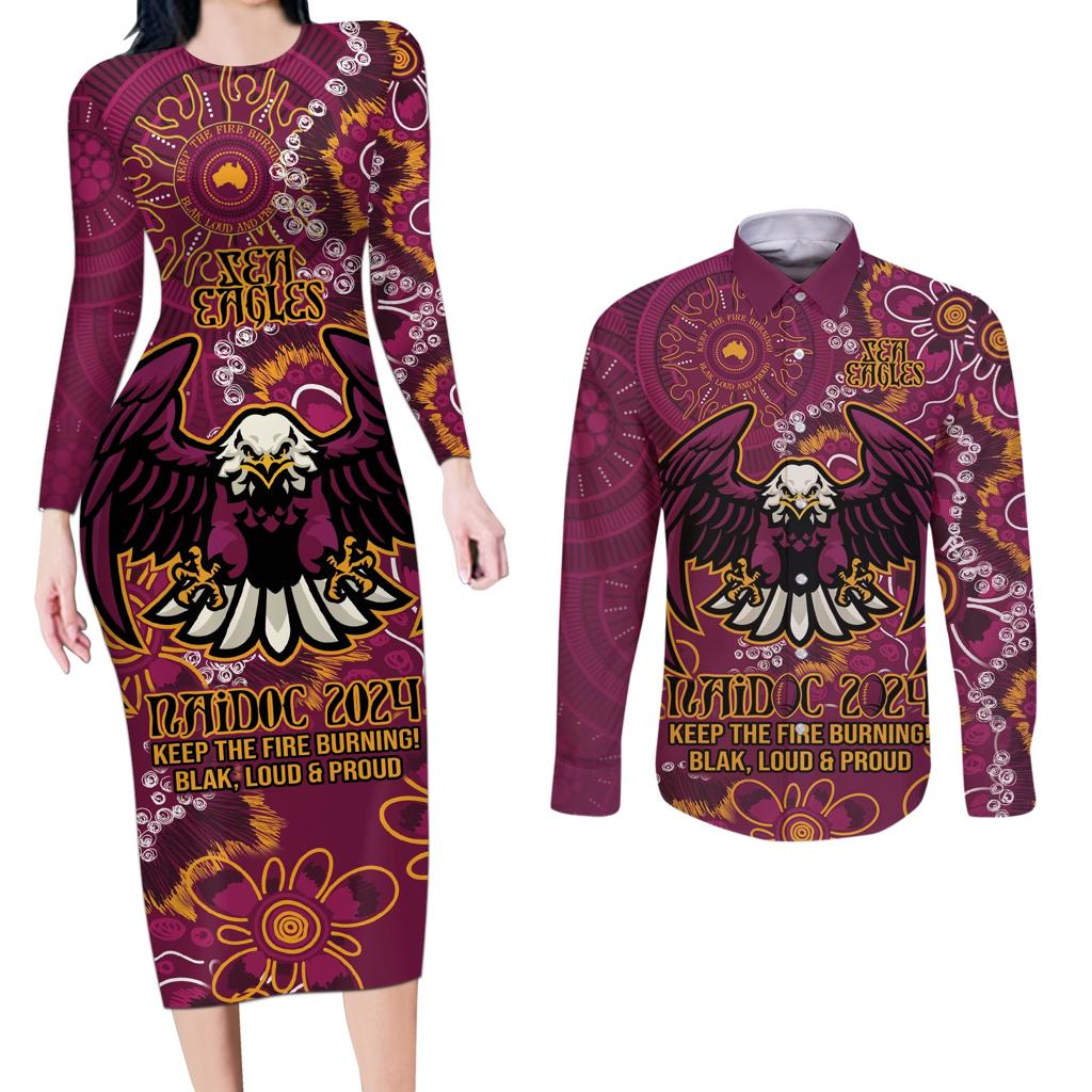 Personalised Sea Eagles NAIDOC Week 2024 Couples Matching Long Sleeve Bodycon Dress and Long Sleeve Button Shirt Aboriginal Fire Burning Sparks