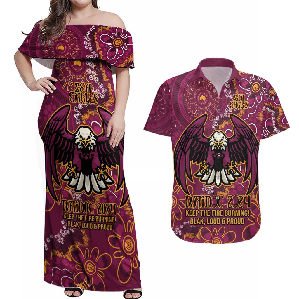 Personalised Sea Eagles NAIDOC Week 2024 Couples Matching Off Shoulder Maxi Dress and Hawaiian Shirt Aboriginal Fire Burning Sparks