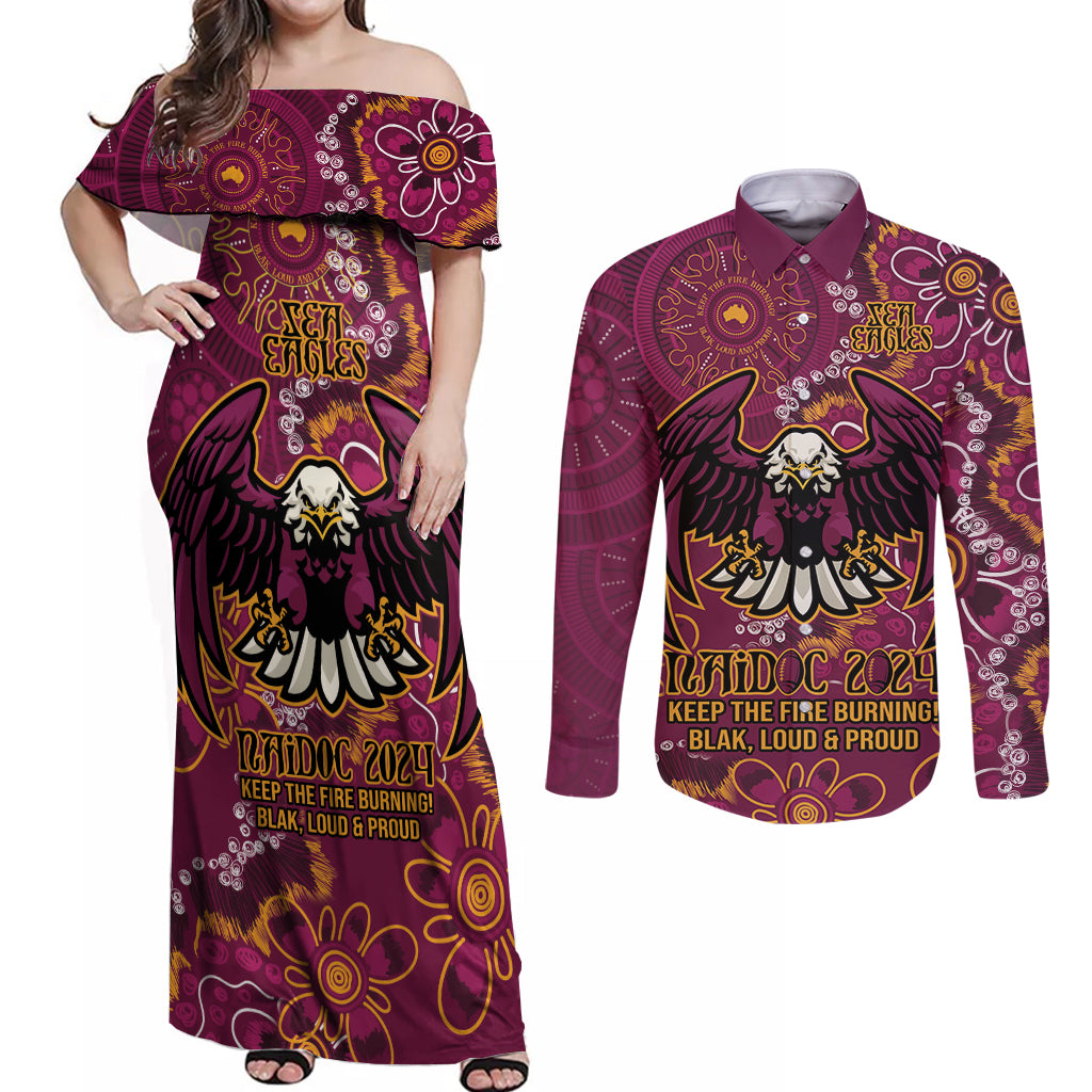 Personalised Sea Eagles NAIDOC Week 2024 Couples Matching Off Shoulder Maxi Dress and Long Sleeve Button Shirt Aboriginal Fire Burning Sparks