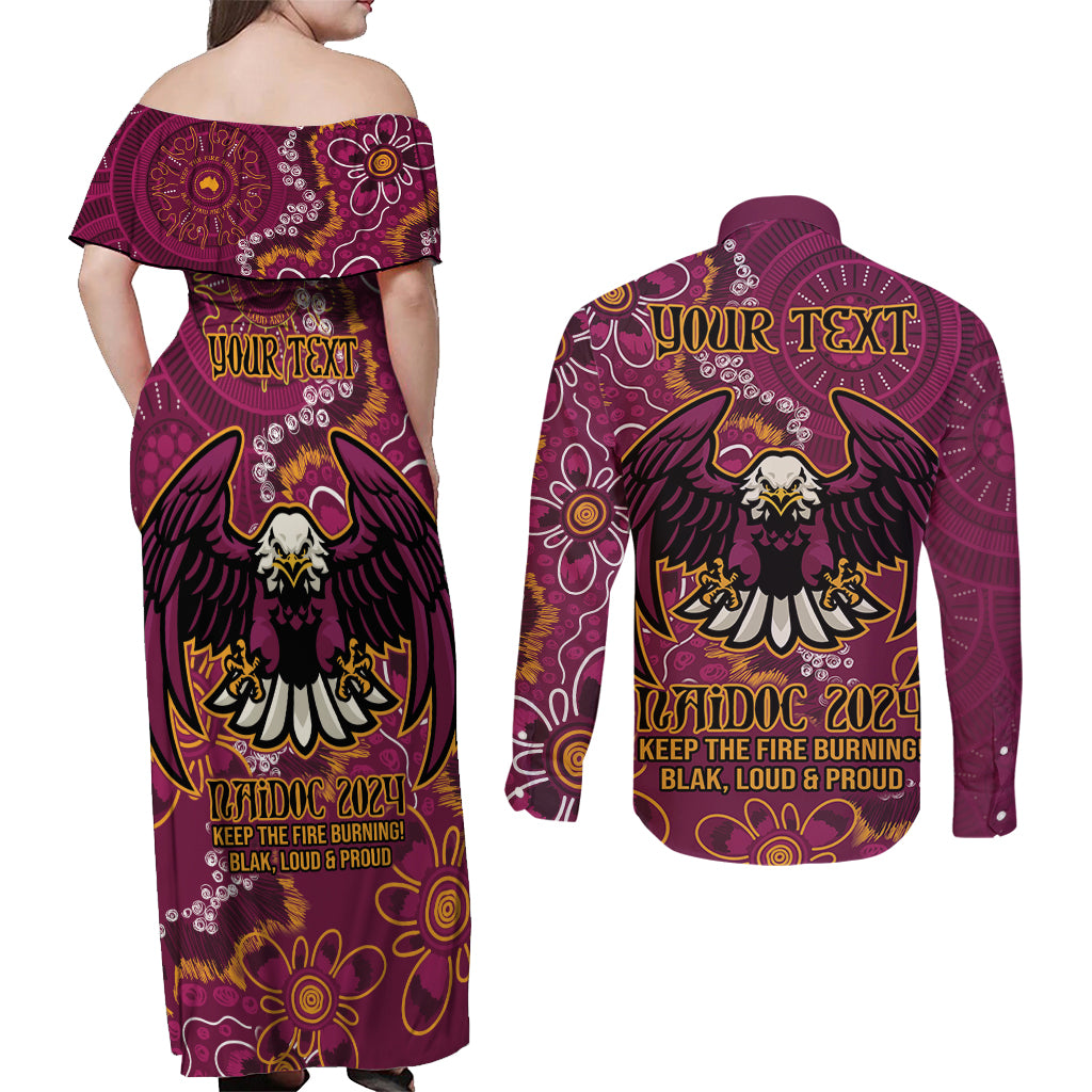 Personalised Sea Eagles NAIDOC Week 2024 Couples Matching Off Shoulder Maxi Dress and Long Sleeve Button Shirt Aboriginal Fire Burning Sparks