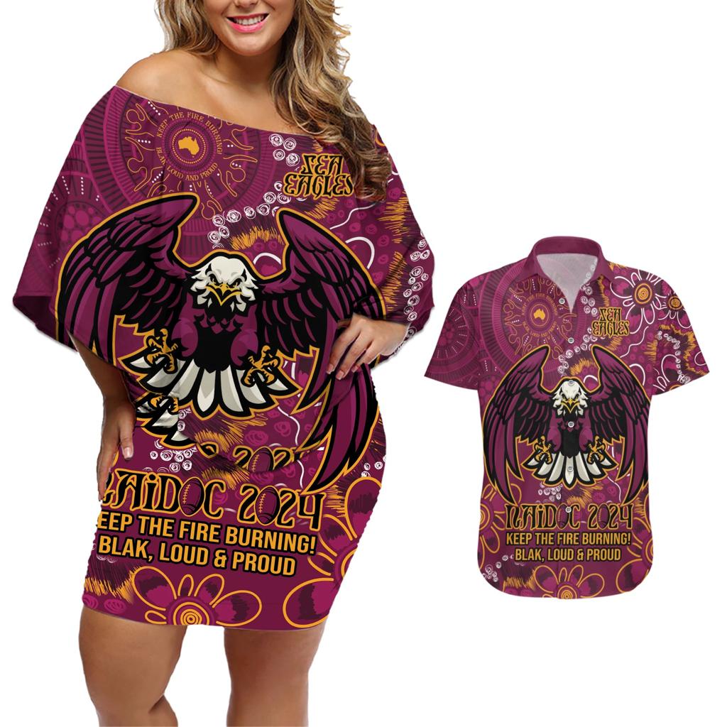Personalised Sea Eagles NAIDOC Week 2024 Couples Matching Off Shoulder Short Dress and Hawaiian Shirt Aboriginal Fire Burning Sparks