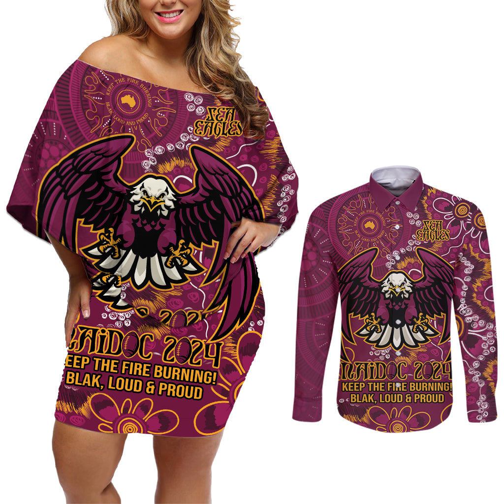 Personalised Sea Eagles NAIDOC Week 2024 Couples Matching Off Shoulder Short Dress and Long Sleeve Button Shirt Aboriginal Fire Burning Sparks