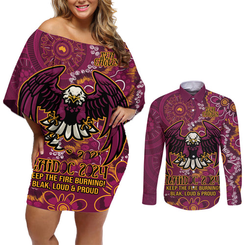 Personalised Sea Eagles NAIDOC Week 2024 Couples Matching Off Shoulder Short Dress and Long Sleeve Button Shirt Aboriginal Fire Burning Sparks