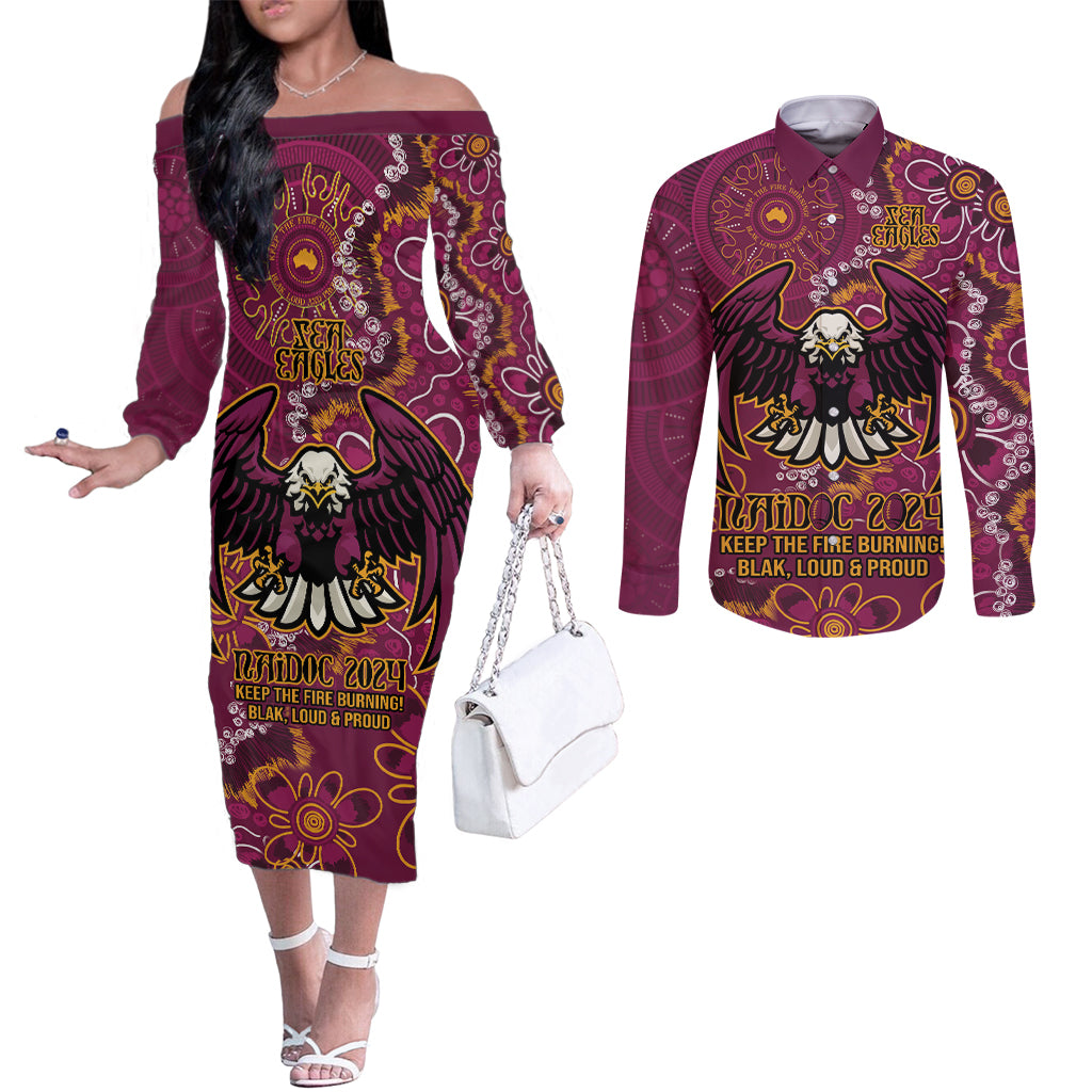 Personalised Sea Eagles NAIDOC Week 2024 Couples Matching Off The Shoulder Long Sleeve Dress and Long Sleeve Button Shirt Aboriginal Fire Burning Sparks
