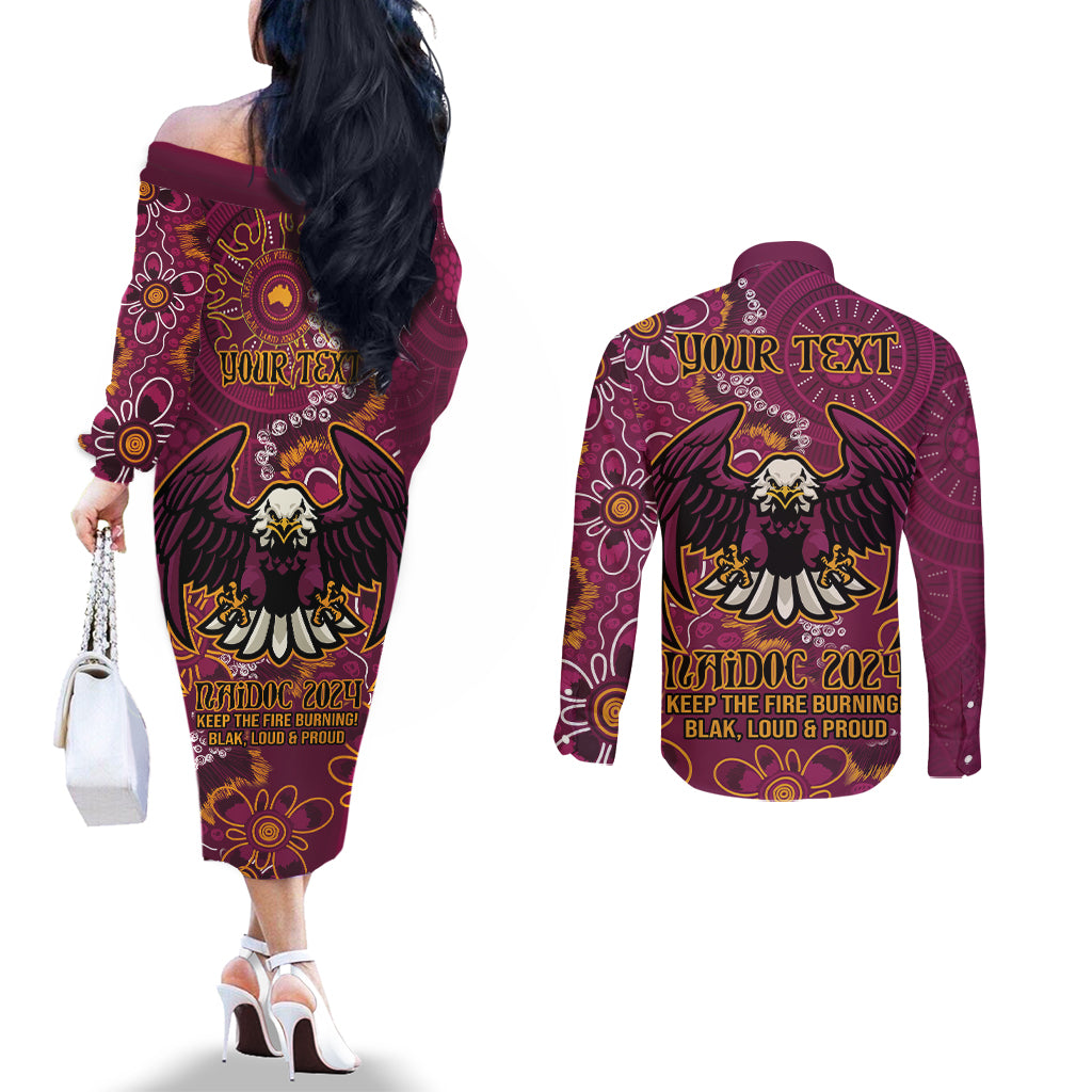 Personalised Sea Eagles NAIDOC Week 2024 Couples Matching Off The Shoulder Long Sleeve Dress and Long Sleeve Button Shirt Aboriginal Fire Burning Sparks