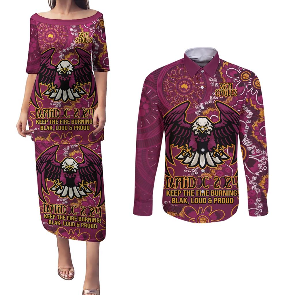 Personalised Sea Eagles NAIDOC Week 2024 Couples Matching Puletasi and Long Sleeve Button Shirt Aboriginal Fire Burning Sparks