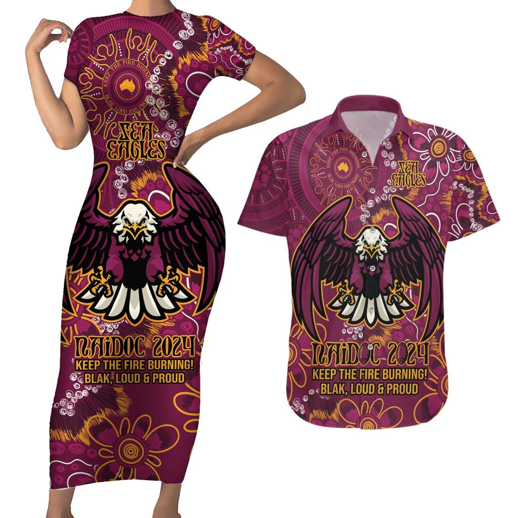 Personalised Sea Eagles NAIDOC Week 2024 Couples Matching Short Sleeve Bodycon Dress and Hawaiian Shirt Aboriginal Fire Burning Sparks