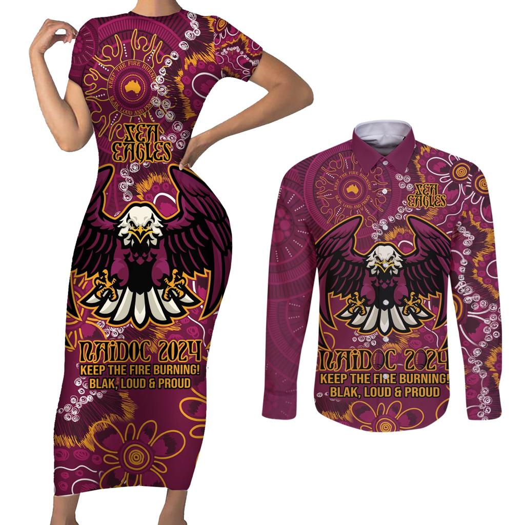 Personalised Sea Eagles NAIDOC Week 2024 Couples Matching Short Sleeve Bodycon Dress and Long Sleeve Button Shirt Aboriginal Fire Burning Sparks