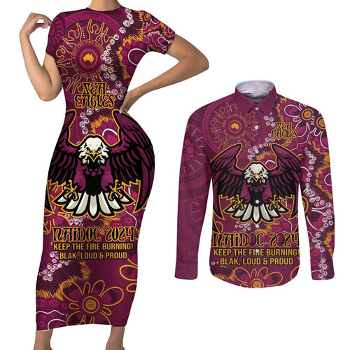 Personalised Sea Eagles NAIDOC Week 2024 Couples Matching Short Sleeve Bodycon Dress and Long Sleeve Button Shirt Aboriginal Fire Burning Sparks