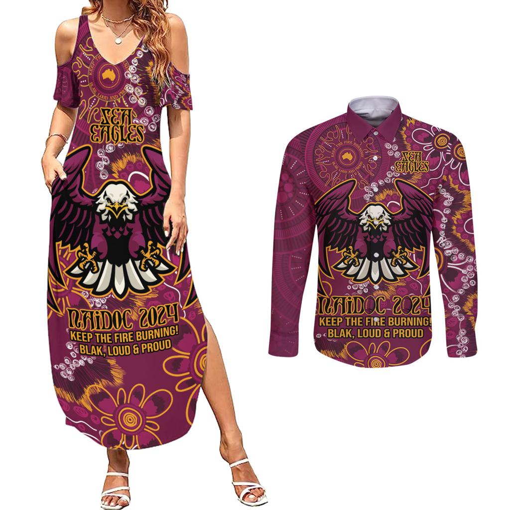 Personalised Sea Eagles NAIDOC Week 2024 Couples Matching Summer Maxi Dress and Long Sleeve Button Shirt Aboriginal Fire Burning Sparks