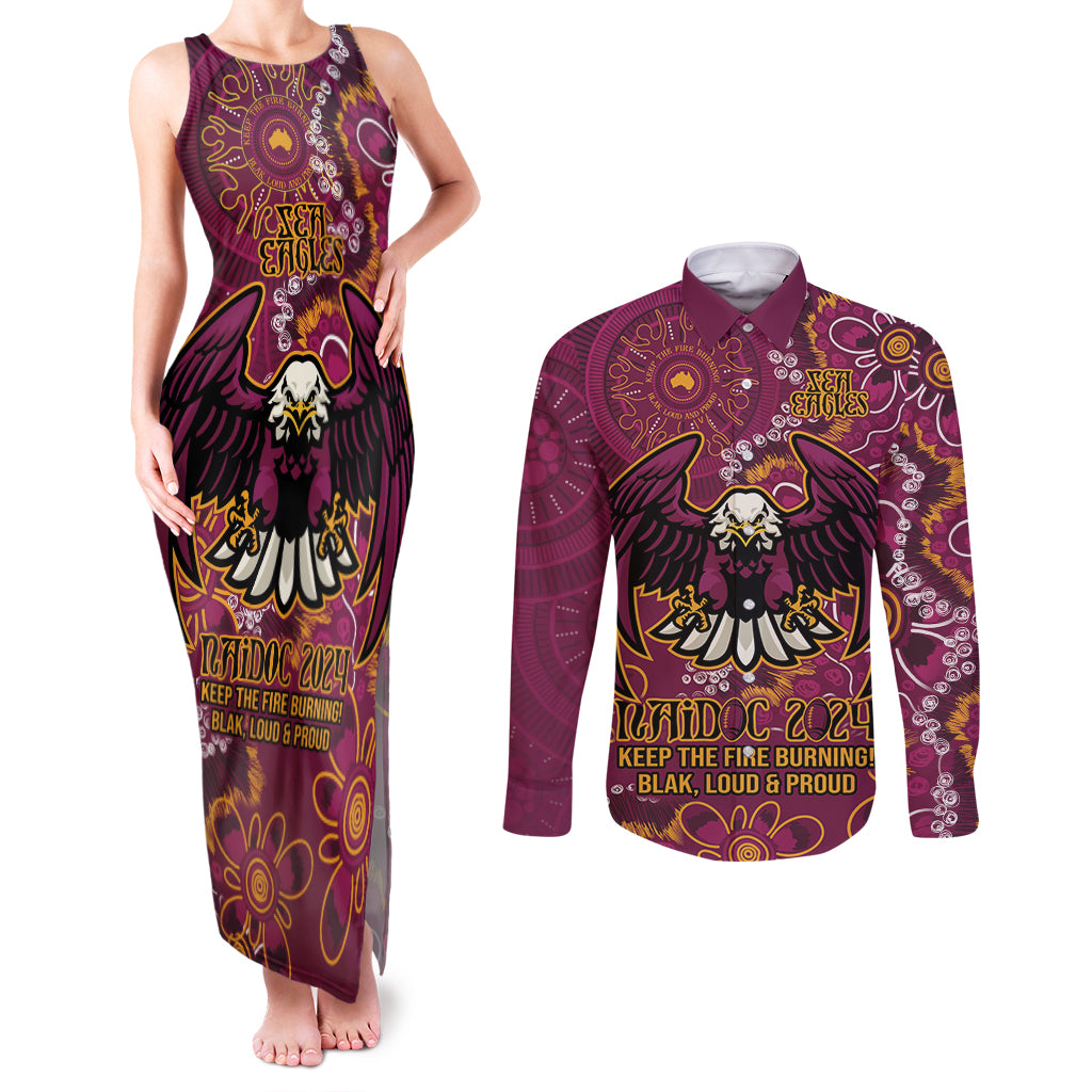 Personalised Sea Eagles NAIDOC Week 2024 Couples Matching Tank Maxi Dress and Long Sleeve Button Shirt Aboriginal Fire Burning Sparks