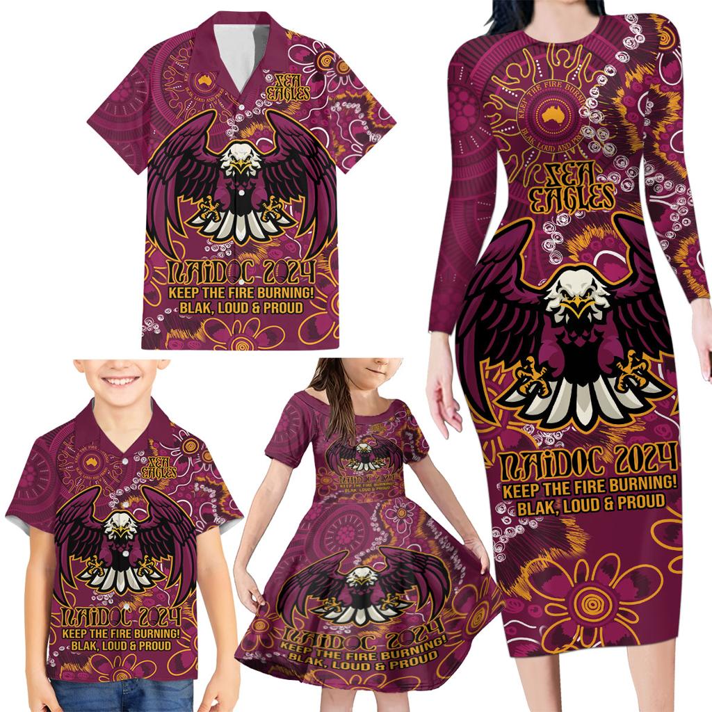 Personalised Sea Eagles NAIDOC Week 2024 Family Matching Long Sleeve Bodycon Dress and Hawaiian Shirt Aboriginal Fire Burning Sparks