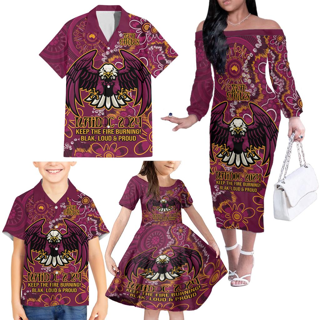 Personalised Sea Eagles NAIDOC Week 2024 Family Matching Off The Shoulder Long Sleeve Dress and Hawaiian Shirt Aboriginal Fire Burning Sparks