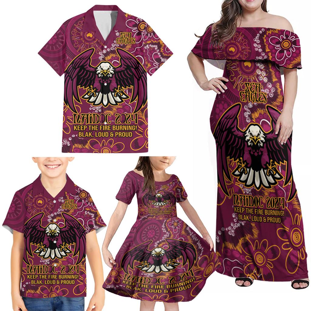 Personalised Sea Eagles NAIDOC Week 2024 Family Matching Off Shoulder Maxi Dress and Hawaiian Shirt Aboriginal Fire Burning Sparks