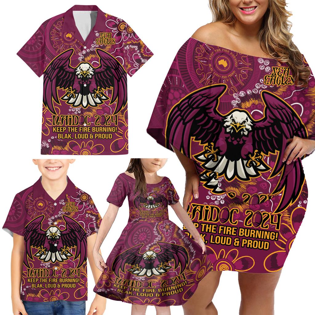Personalised Sea Eagles NAIDOC Week 2024 Family Matching Off Shoulder Short Dress and Hawaiian Shirt Aboriginal Fire Burning Sparks