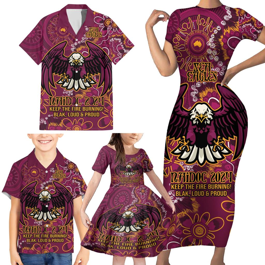 Personalised Sea Eagles NAIDOC Week 2024 Family Matching Short Sleeve Bodycon Dress and Hawaiian Shirt Aboriginal Fire Burning Sparks