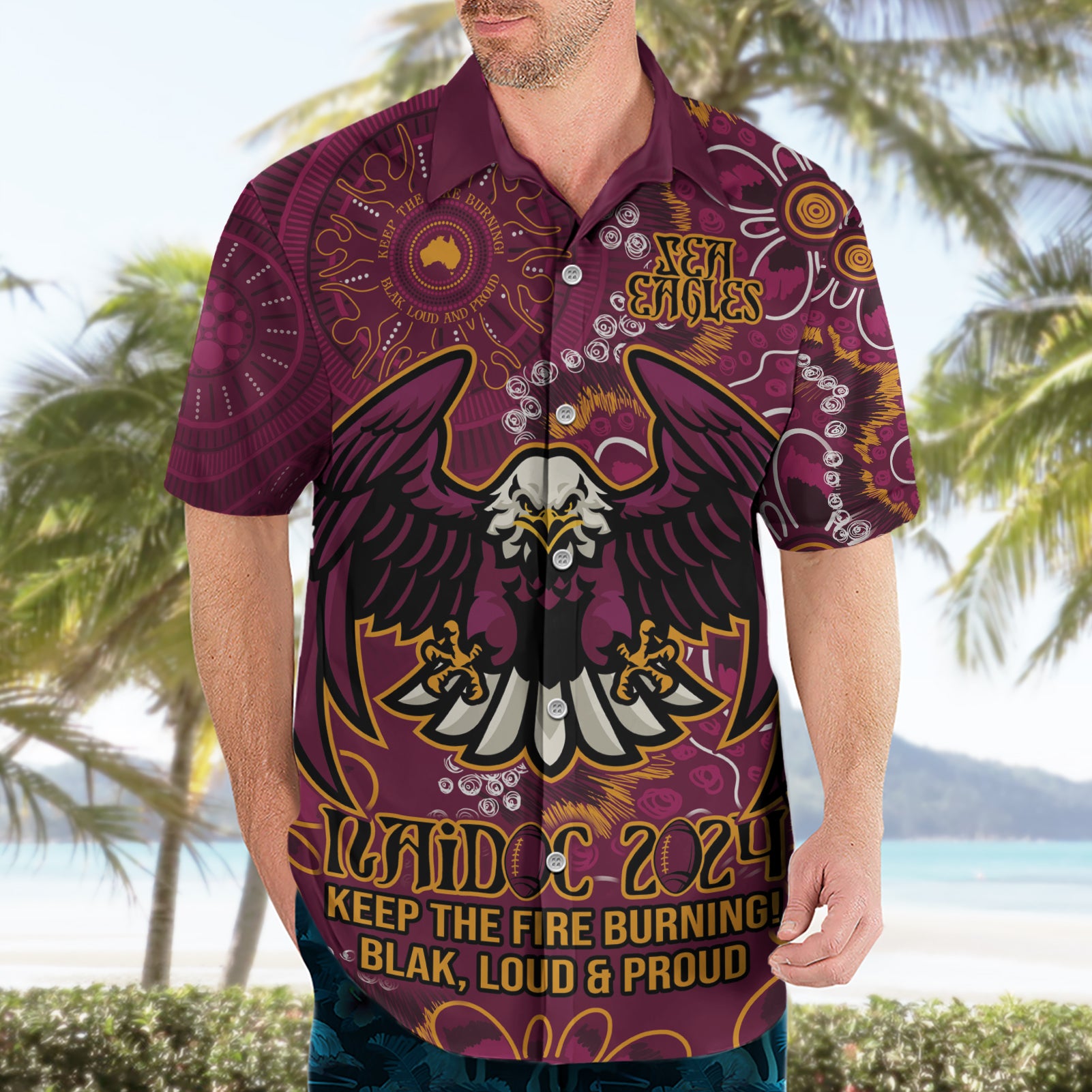 Personalised Sea Eagles NAIDOC Week 2024 Hawaiian Shirt Aboriginal Fire Burning Sparks