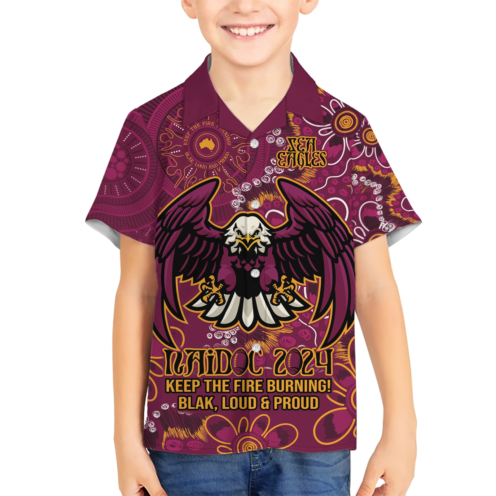 Personalised Sea Eagles NAIDOC Week 2024 Kid Hawaiian Shirt Aboriginal Fire Burning Sparks