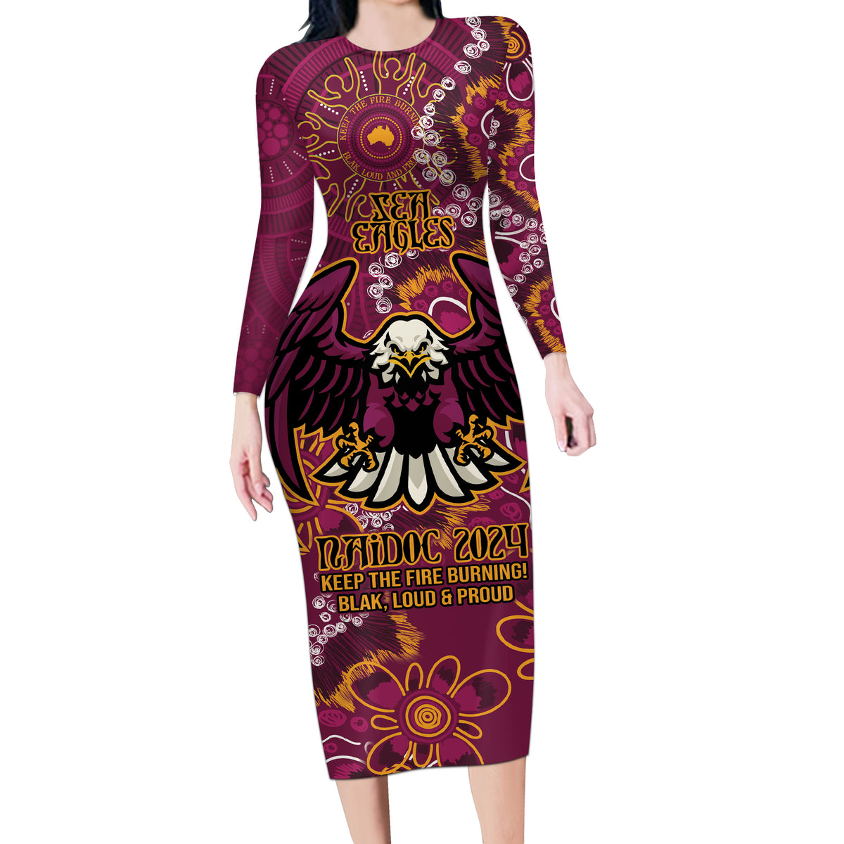 Personalised Sea Eagles NAIDOC Week 2024 Long Sleeve Bodycon Dress Aboriginal Fire Burning Sparks