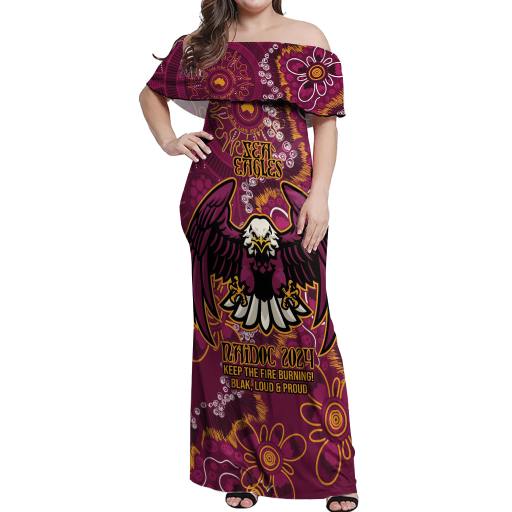 Personalised Sea Eagles NAIDOC Week 2024 Off Shoulder Maxi Dress Aboriginal Fire Burning Sparks
