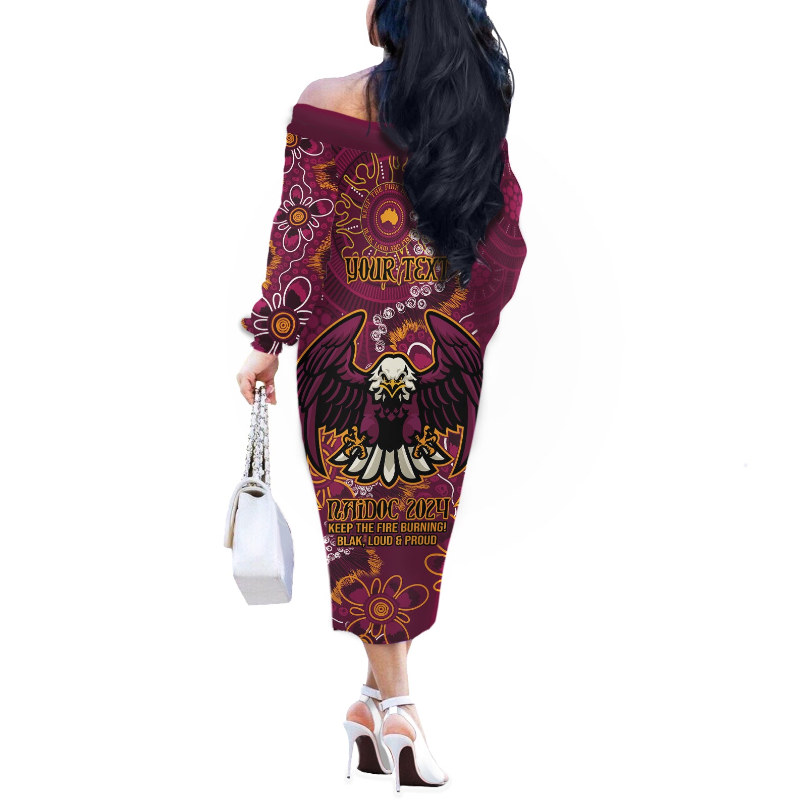 Personalised Sea Eagles NAIDOC Week 2024 Off The Shoulder Long Sleeve Dress Aboriginal Fire Burning Sparks