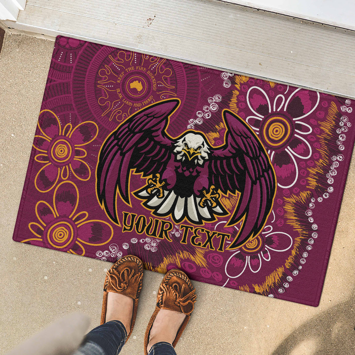 Personalised Sea Eagles NAIDOC Week 2024 Rubber Doormat Aboriginal Fire Burning Sparks
