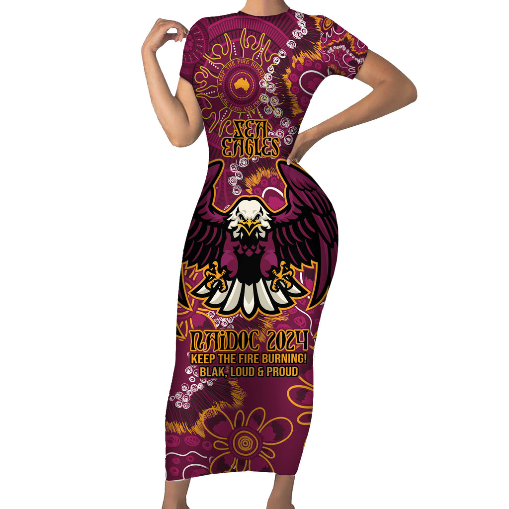 Personalised Sea Eagles NAIDOC Week 2024 Short Sleeve Bodycon Dress Aboriginal Fire Burning Sparks