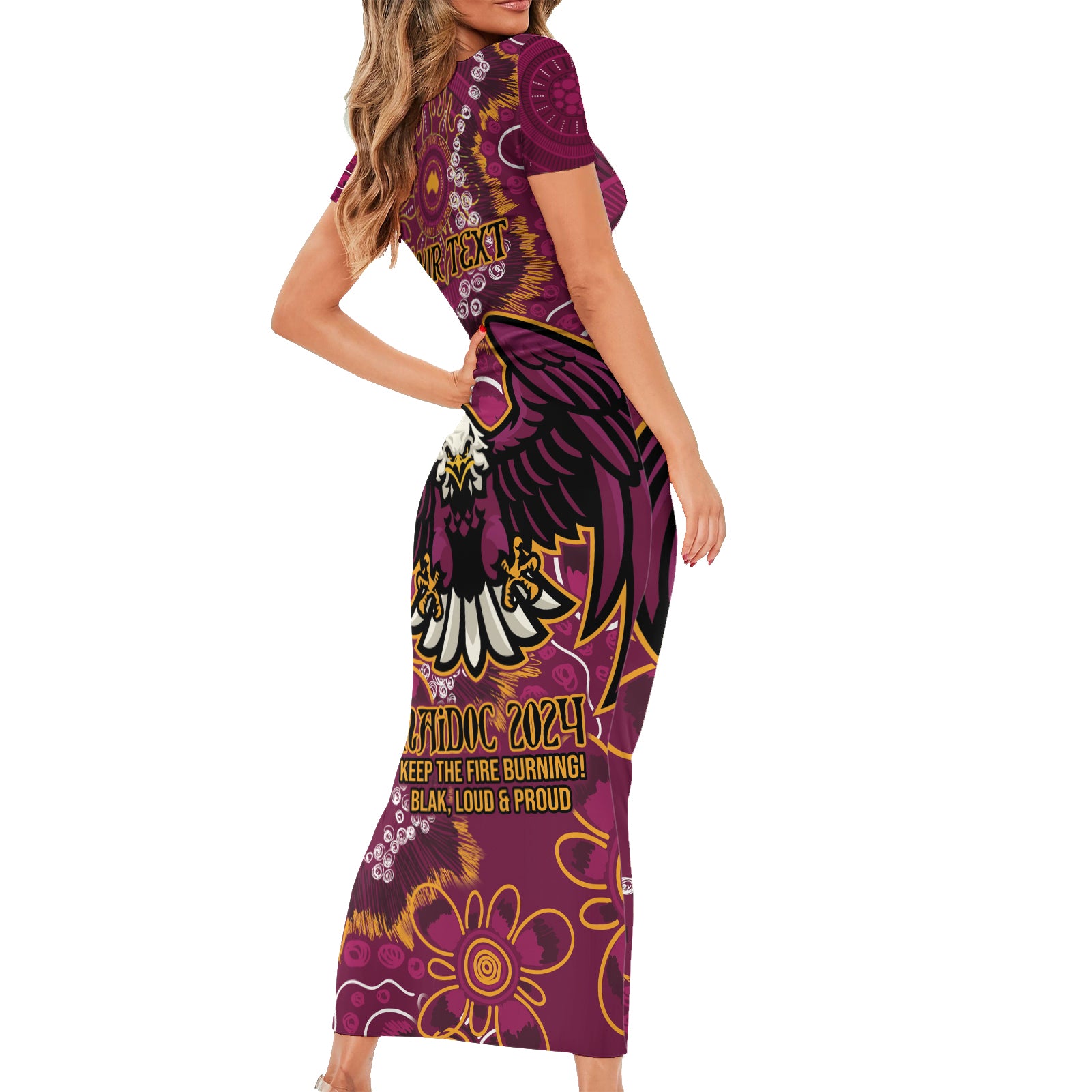 Personalised Sea Eagles NAIDOC Week 2024 Short Sleeve Bodycon Dress Aboriginal Fire Burning Sparks