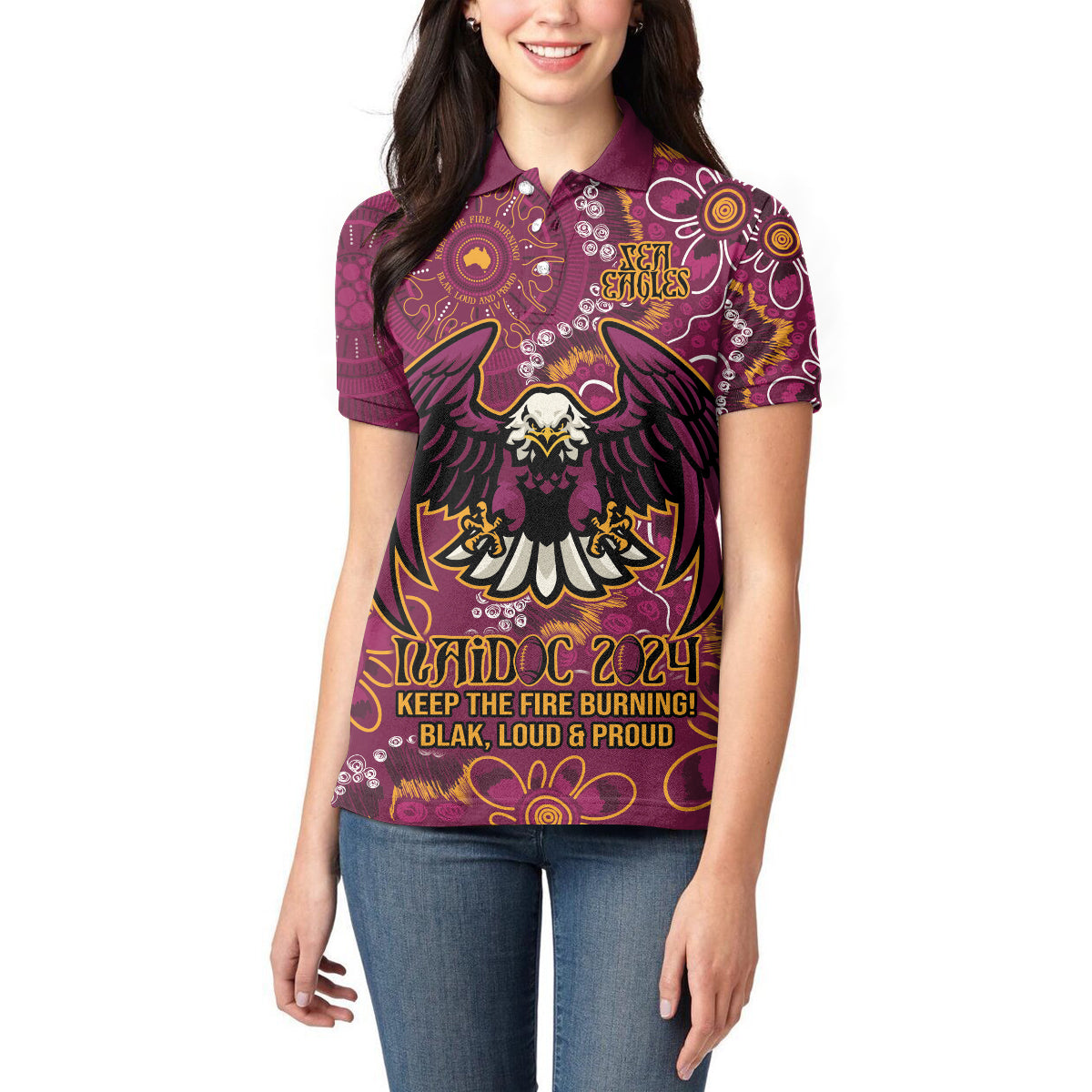 Personalised Sea Eagles NAIDOC Week 2024 Women Polo Shirt Aboriginal Fire Burning Sparks