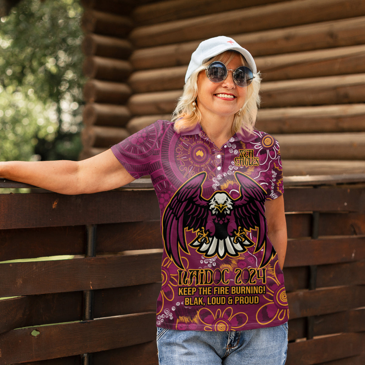 Personalised Sea Eagles NAIDOC Week 2024 Women Polo Shirt Aboriginal Fire Burning Sparks