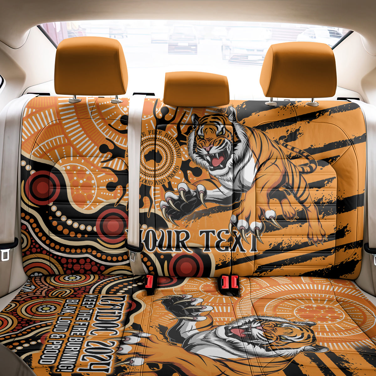 Personalised Wests Tigers NAIDOC Week 2024 Back Car Seat Cover Aboriginal Fire Burning Sparks