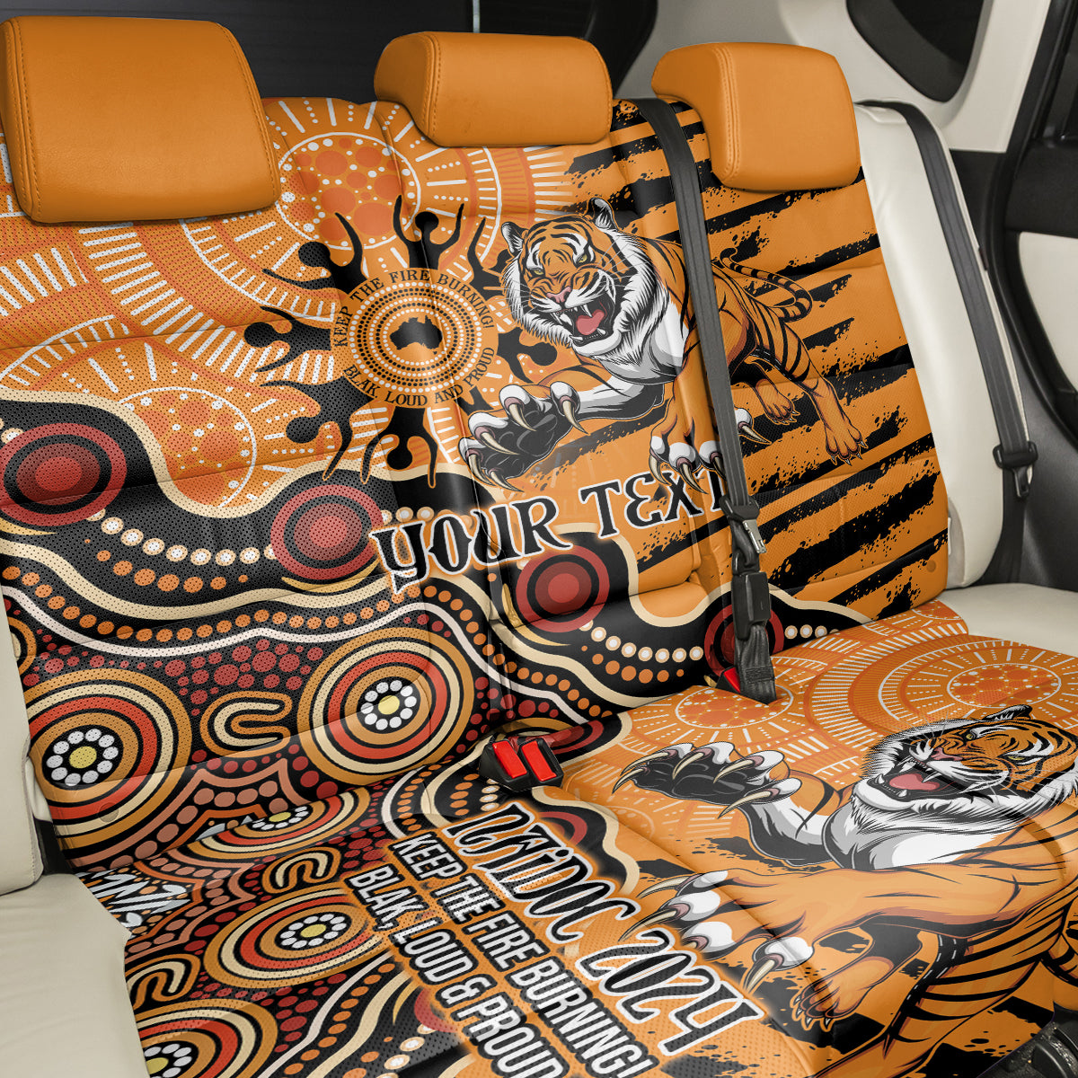 Personalised Wests Tigers NAIDOC Week 2024 Back Car Seat Cover Aboriginal Fire Burning Sparks